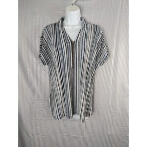 80 Park Womens XL Blue White Striped Top‎ Gold Zip V Neck Short Sleeve Blouse